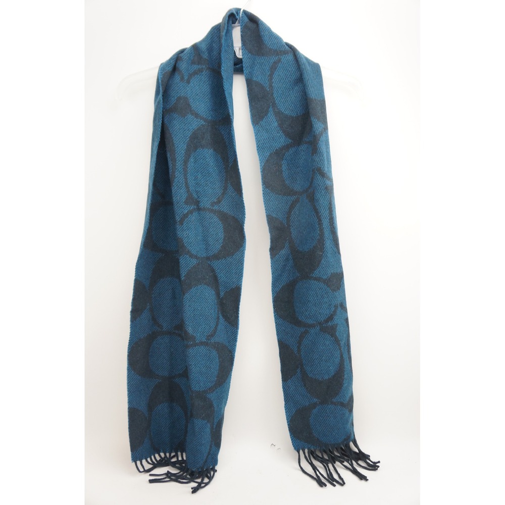 Coach Scarf Blue Black Signature Monogram Wool Cashmere Twill Fringe EUC